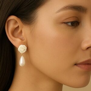 Elegant White Rose Pearl Earrings-New!